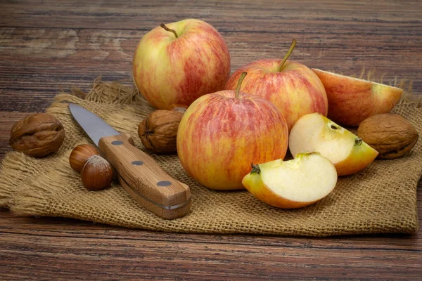 Nuts Ripe Apples Knife Sackcloth Royalty Free Stock Photos