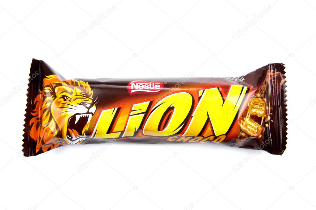 Itancourt, France - 01 30 2021: Lion brand chocolate bar manufactured by Nestle