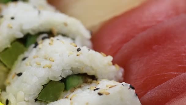 Çeşitli Somon Salatalıklı Maki Suşi Ruloları — Stok video