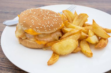 Somonlu hamburger ve patates kızartması.