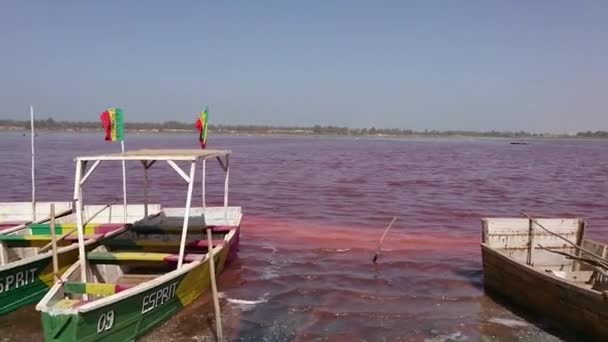 Hajók Lac Rose Retba Névadója Rózsaszín Víz Szenegál — Stock videók