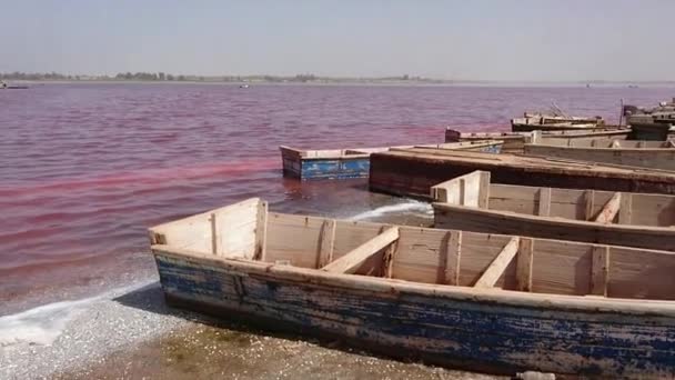 Bărci Lac Rose Lacul Retba Numit După Apa Roz Senegal — Videoclip de stoc