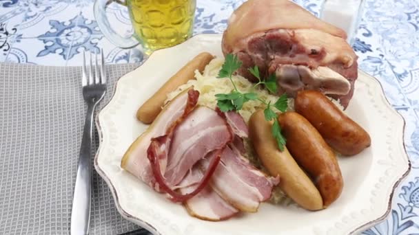 Sauerkraut Pork Knuckle Table German Cuisine — Stock Video
