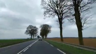 Kırsal bölge boyunca yol, hareket halindeki arabadan manzara