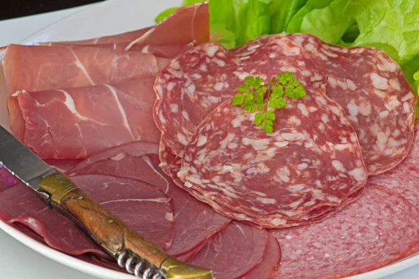 Carnes Frias Fatiadas Salada Uma Chapa — Fotografia de Stock