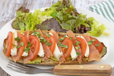 slice of bread with smoked salmon, guacamole, mozzarella and tomato