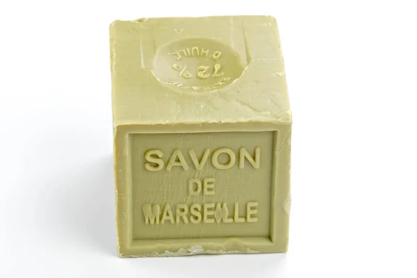 Marseille soap with written on it in French 