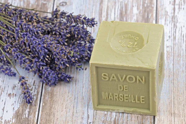 Marseille soap with written on it in French 