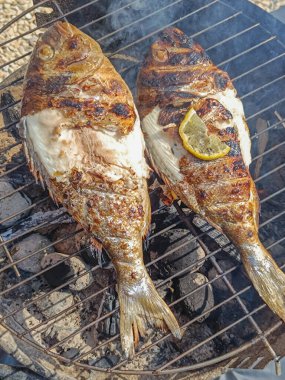Mangalda limon ve otlarla ızgara deniz çerezi.