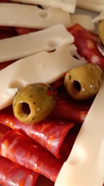 Şarküteri, peynir ve zeytinlerden oluşan bir gurme. Yakın plan, iştah açıcı bir manzara.