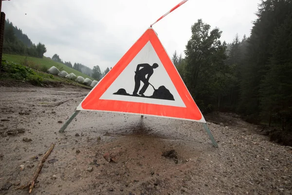 a road works traffic sign, road construction and traffic infrastructure