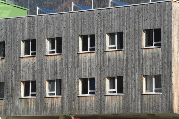 Fachada Casa Construção Madeira Edifícios Arquitetura Com Materiais Naturais — Fotografia de Stock