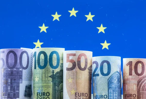 Notas Bancárias Euros Para Transacções Numerário Pagar União Europeia — Fotografia de Stock