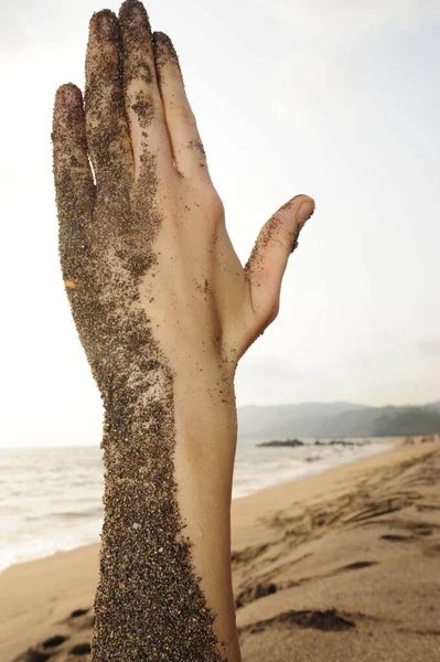 Arm Hand Half Covered Sand Beach — Stock Photo, Image
