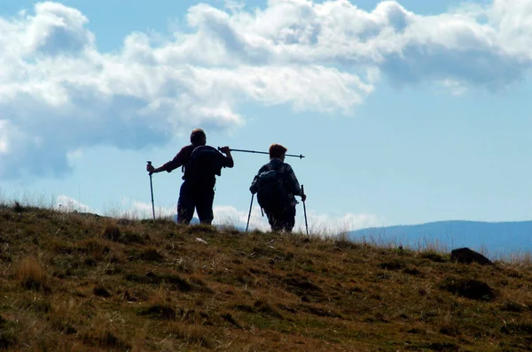 Utilizando Bastón Para Caminar Paisaje Montañoso Alpino — Foto de Stock