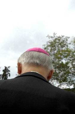 Siyah elbiseli bir Roma Katolik piskoposunun arkası.