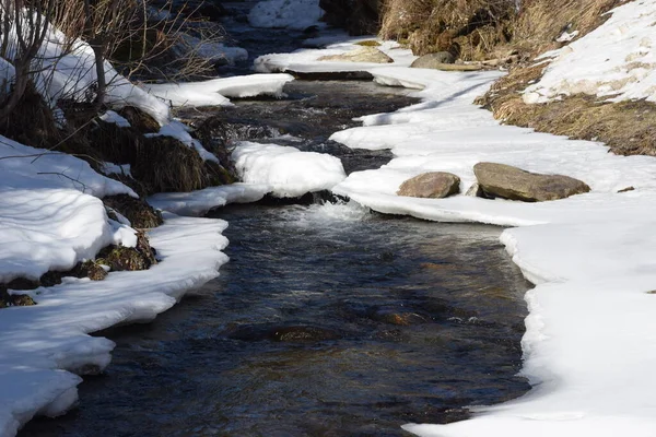 a creek in winter, water and ice on a cold day