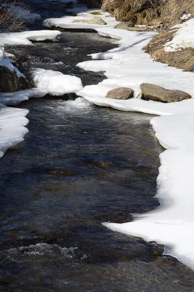 a creek in winter, water and ice on a cold day