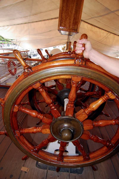 a steering wheel on a ship, to control the rudder