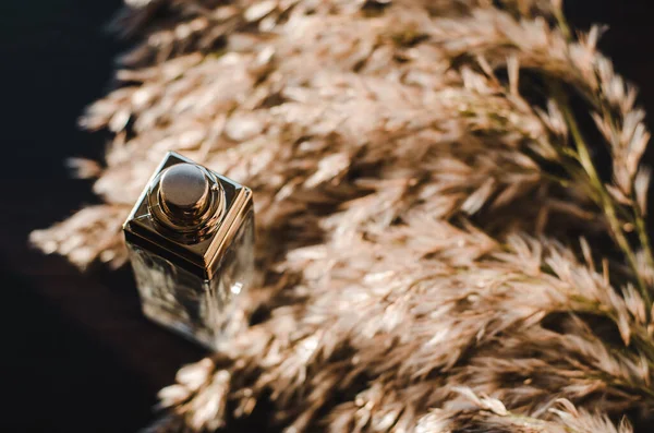 Perfume Mujer Sobre Una Mesa Madera Una Flor Caña — Foto de Stock