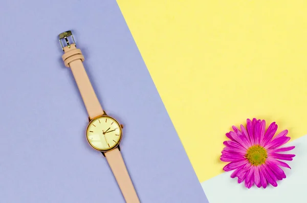 Señoras Elegantes Reloj Sobre Fondo Color Con Flores Lugar Para —  Fotos de Stock