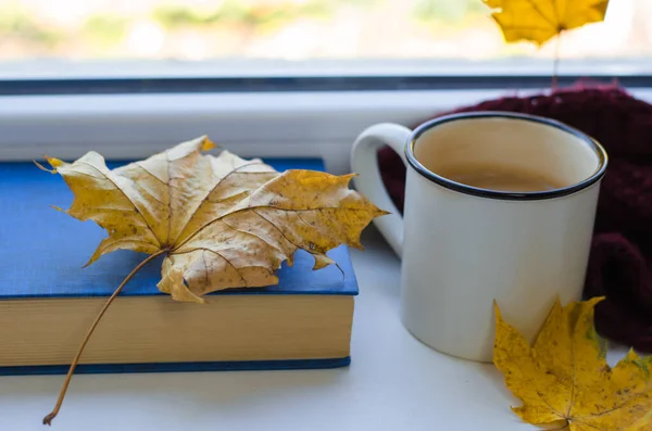 Xícara Café Pela Janela Com Cachecol Livro Folhas Outono Amarelas — Fotografia de Stock