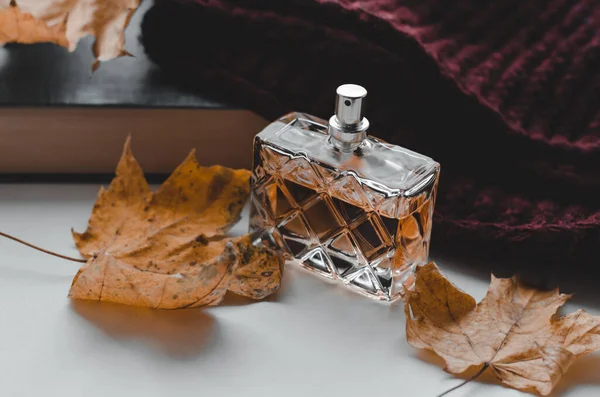 Women Perfume Windowsill Yellow Leaves Scarf — Stock Photo, Image