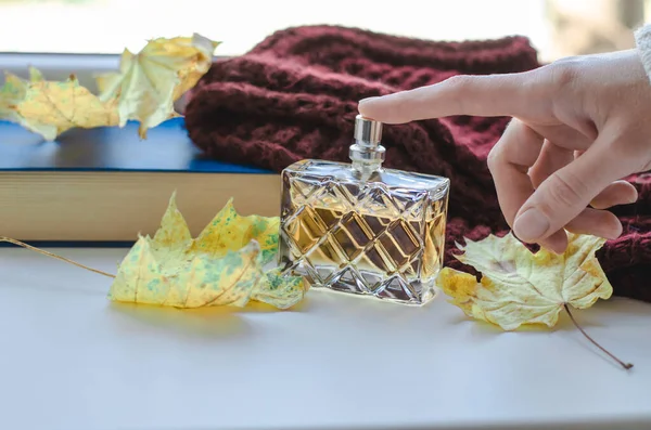 Woman Hand Touches Bottle Perfume — Stock Photo, Image