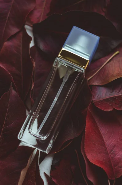 A bottle of women\'s perfume on red leaves. Perfume on a background of leaves