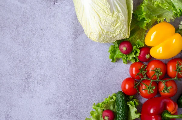 Vegetable background. Composition of fresh vegetables with place for text on gray concrete background