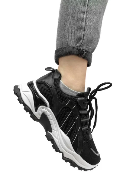 Female Foot Shoes Isolate Beautiful Female Leg Black White Sneakers — Stock Photo, Image