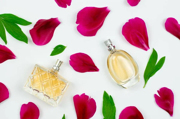 Women Perfume White Background Peony Petals Leaves — Stock Photo, Image