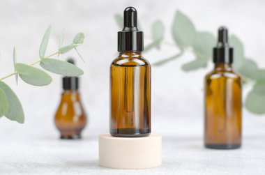 Cam şişe ve okaliptüs gibi. Hafif arka planda bir şişe esaslı yağ ya da serum. Doğal güzellik ürünü. Doğal Ökaliptüs Yağı