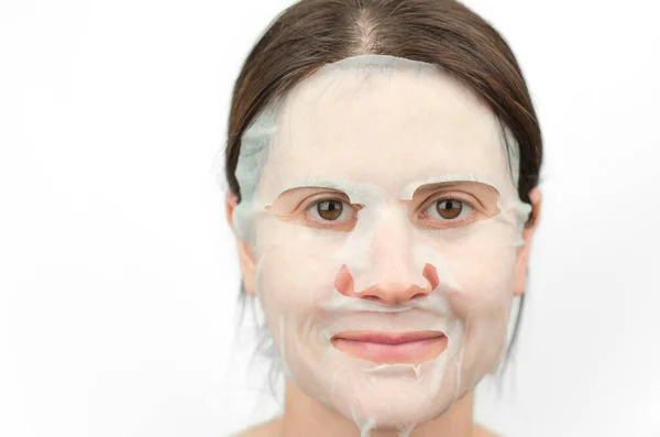Portrait Young Woman Moisturizing Paper Mask Body Care Beauty Concept — Stock Photo, Image