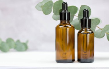 İki şişe okaliptüs yağı, yakın plan. Okaliptüs yağı reklamı için boş. Organik kozmetik ürünü