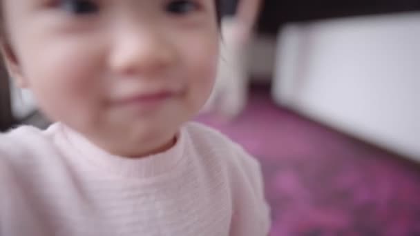 Asian Adorable Little Female Child Smiling Chasing Camera Dreamy Feeling — Stock Video