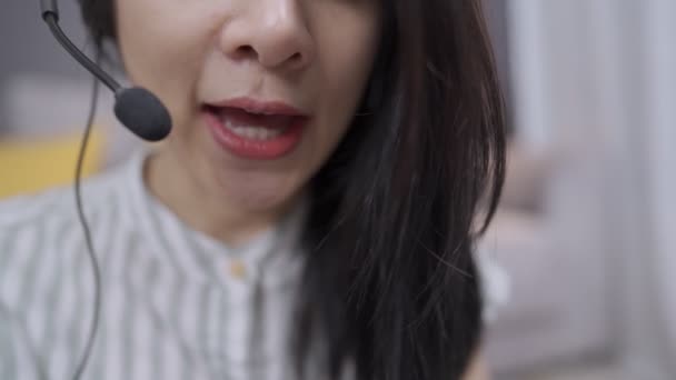 Asian Female Agent Call Center Front View Close Wear Headset — Stock Video