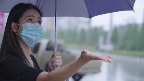 Молода Азіатка Носить Хірургічну Маску Тримає Парасольку Стоячи Дорозі Дощовий — стокове відео