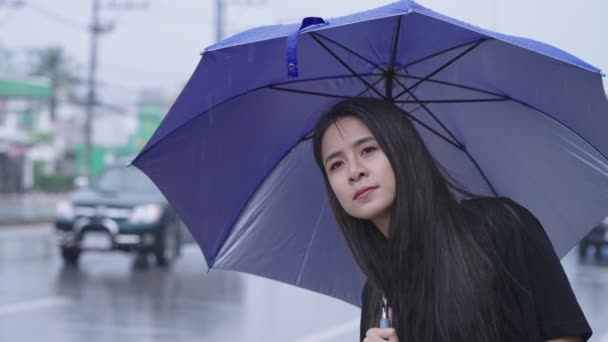 年轻的亚洲女人 有着长长的黑头发 从大路向外望去 寻找公共汽车或出租车 公共交通服务 生活在雨季的亚洲人 热带气候变化 亲手收集雨滴 — 图库视频影像
