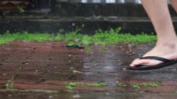 Flipflops Pies Corriendo Sendero Pavimentación Día Lluvia Paseo Del Lado — Vídeos de Stock