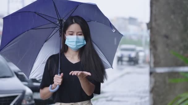 若いアジアの女性は 雨の日に 通り側のパスに立って傘を保持顔マスクを着用アジアの雨季には 車の道端に止め 彼女の腕を雨の滴をキャッチに達する — ストック動画