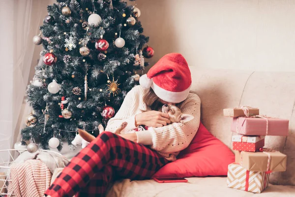 Perro cachorro durmiendo con la mujer el día de Navidad, sentado en un sofá en la sala de estar con árbol de Navidad en casa — Foto de Stock