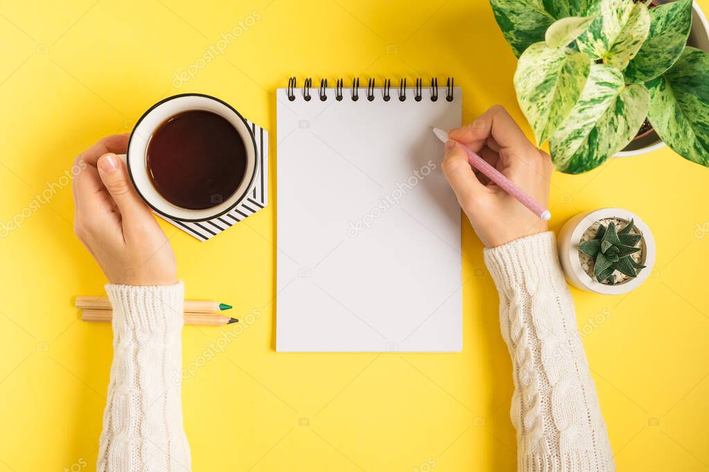 Woman hands writing in blank notepad.