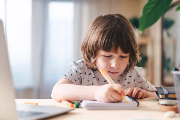 Tillbaka till skolan. Pojke hemma med laptop — Stockfoto