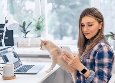 Köpeği, bilgisayarı ve cep telefonu olan kadın.