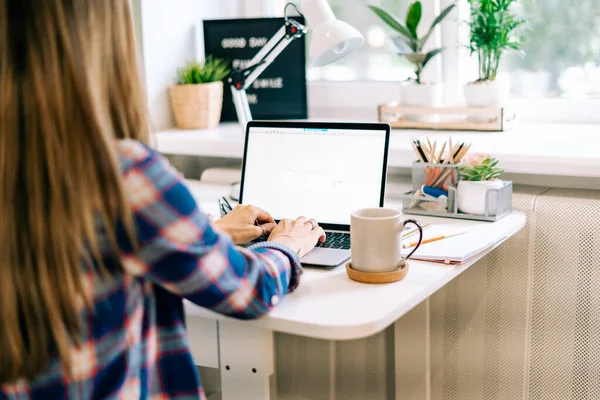 Beskuren kvinna skriva på mockup bärbar dator — Stockfoto