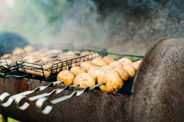 Houby na špejlích se smaží na dřevěném uhlí. Gril s masem a houbami smažené na grilu venku na dvorku — Stock fotografie