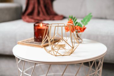 Hayat kitabı, mum, rowan çileği ve bir fincan çay veya kahve oturma odasında masanın üstünde, rahat bir evde ev dekorasyonu. Sonbahar hafta sonu konsepti, battaniye ve ekose. Düşmüş yapraklar ve ev dekorasyonu.