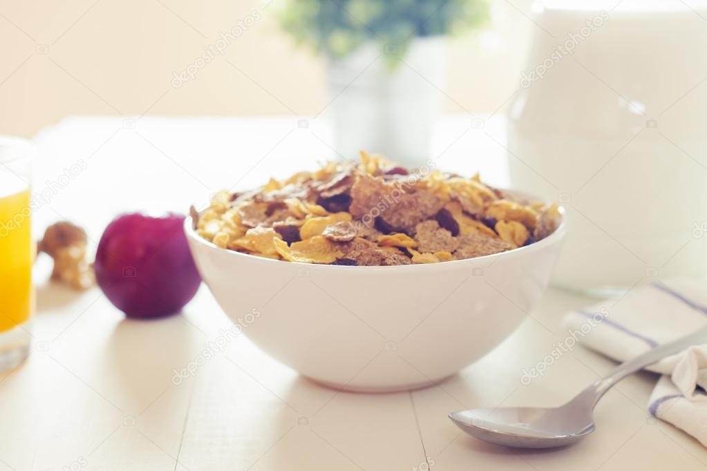 A varied breakfast in the morning in colorized vintage