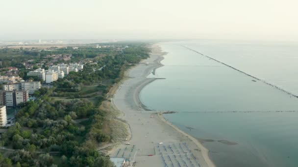 Fotografia Aérea Praia Arenosa Com Guarda Chuvas Costa Adriática Típica — Vídeo de Stock